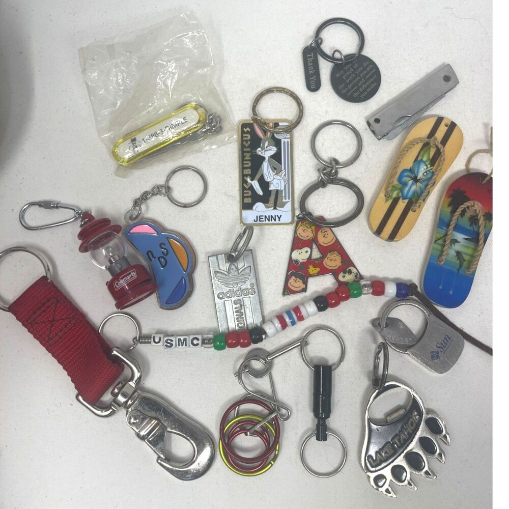 Large Lot of Vintage Keychains Adidas, Coleman, Bugs & More